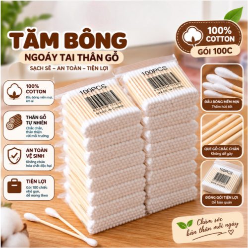 ❌COMBO 10❌ Tăm Bông Ngoáy Tai Thân Gỗ,(Gói 100c) Tăm Bông Nặn Mụn Hai Đầu Đa Năng Vệ Sinh An Toàn 88383 THẾ GIỚI 88